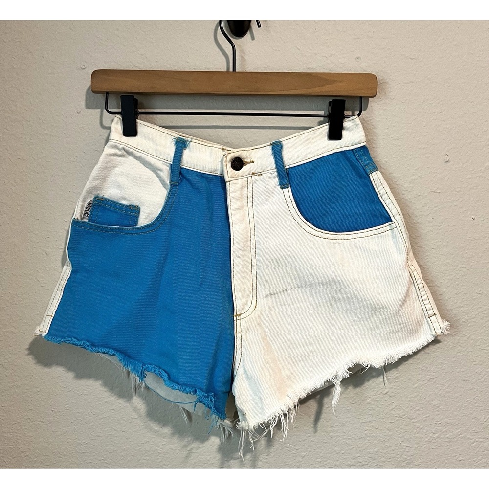 Vintage 80s Switch USA High Waist Cutoff Shorts Size 9 Colorblock Blue White